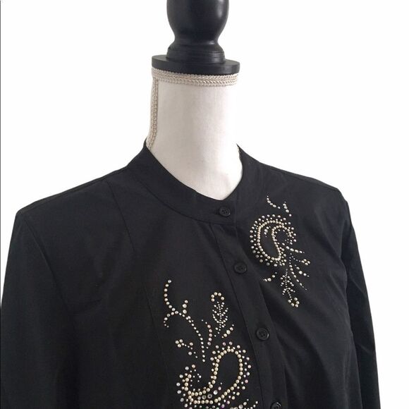 Susan Graver Black Button Down Top Silver Rhinestone Embellished Women’s Medium - Picture 4 of 6